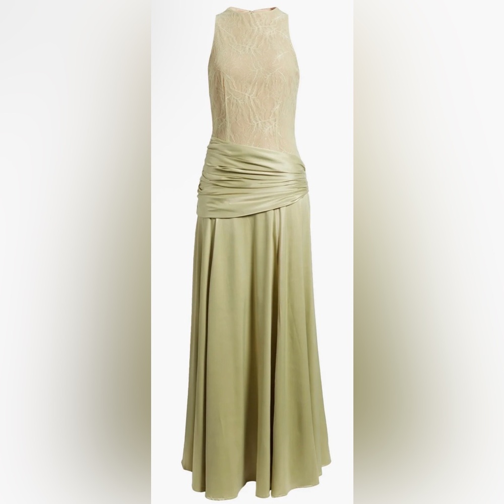 Sage Green Satin Dress with Ruched Waistband